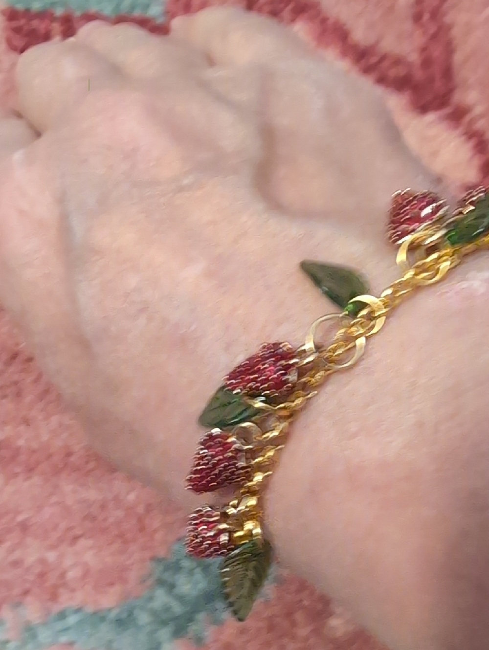 Gold-Tone Strawberry Charm Bracelet with Red and Green Accents